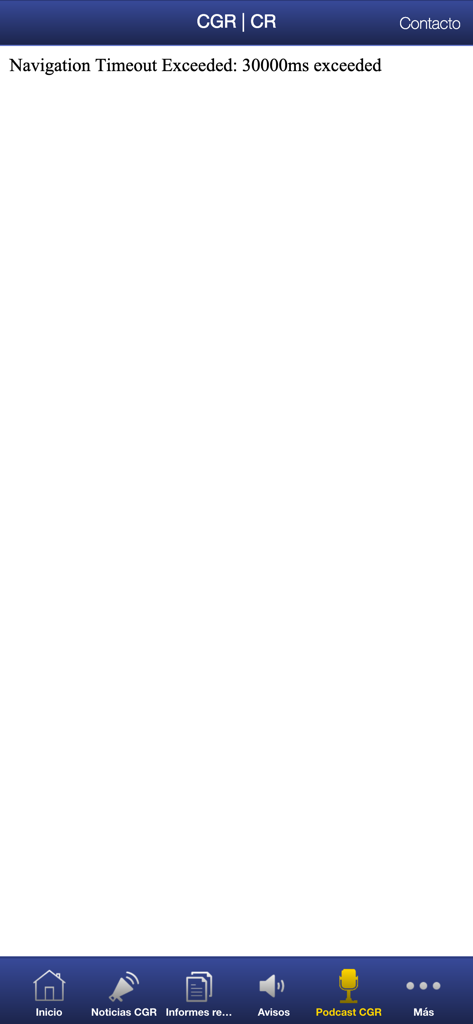 Aplicativo móvel CGR CR exibindo uma mensagem de erro de tempo limite de navegação em uma tela em branco com uma barra de navegação inferior