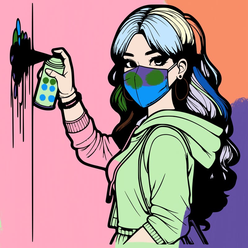 realistic girl with mask spray painting a wall