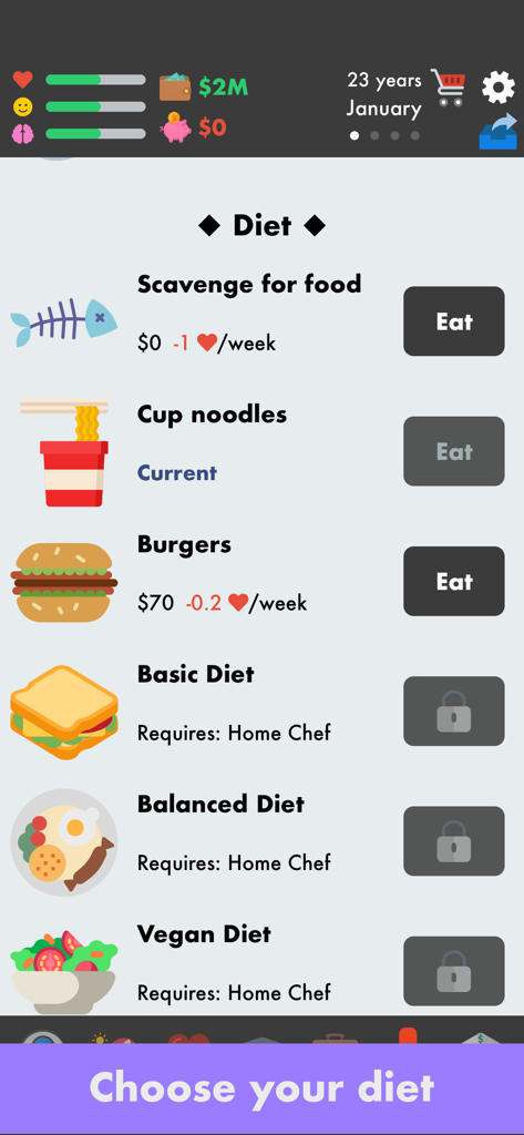 Una pantalla de menú en la aplicación El Simulador de Vida que muestra varias opciones de dieta, incluida la búsqueda de comida, fideos instantáneos y hamburguesas, junto con sus costos y efectos en la salud asociados.