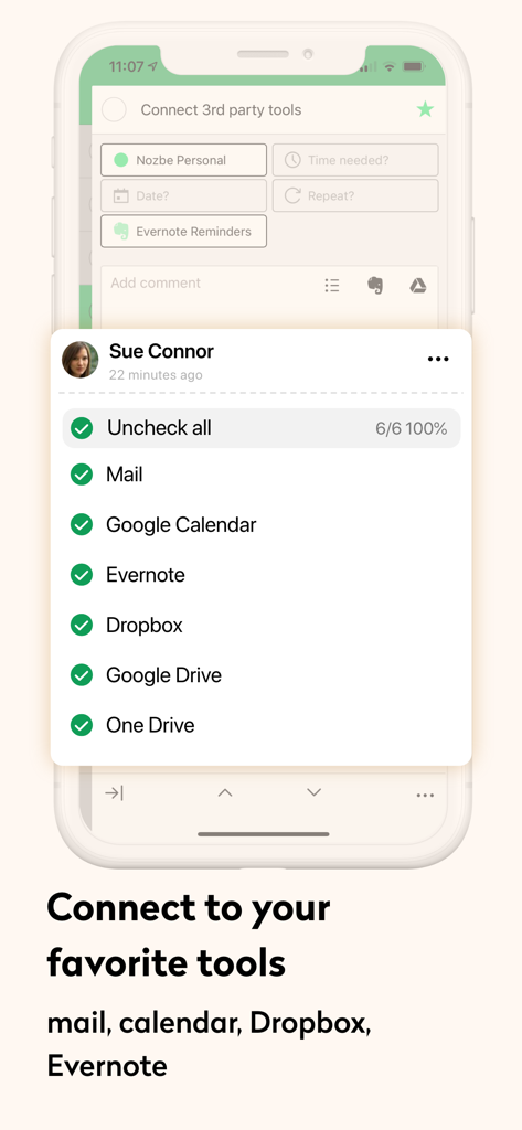 Nozbe Classic - Nozbe Classic mobile app screen showing a list of integrations with tools like Google Calendar, Evernote, and Dropbox.