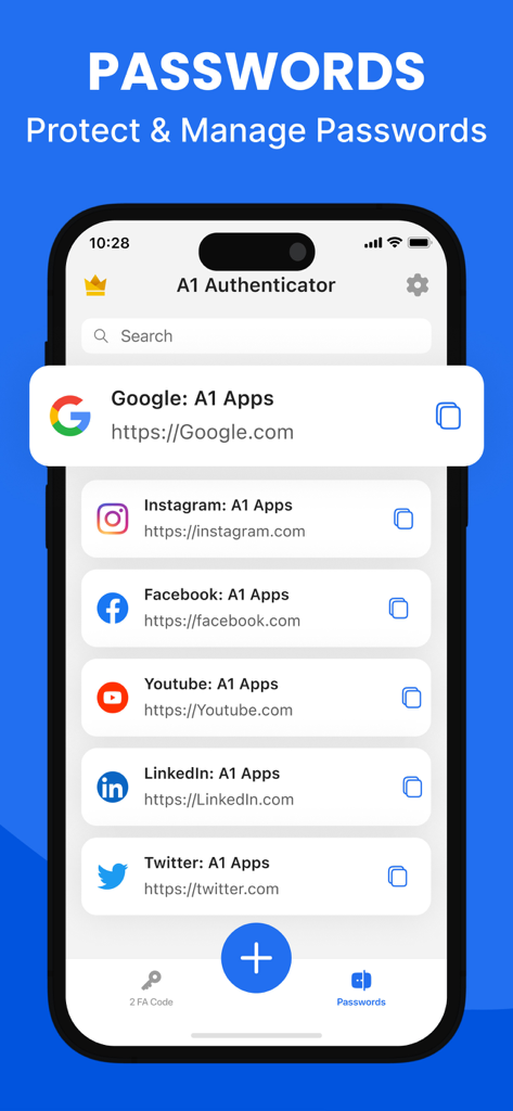 Smartphone display showing the password management feature of the Authenticator App with a list of saved social media accounts.