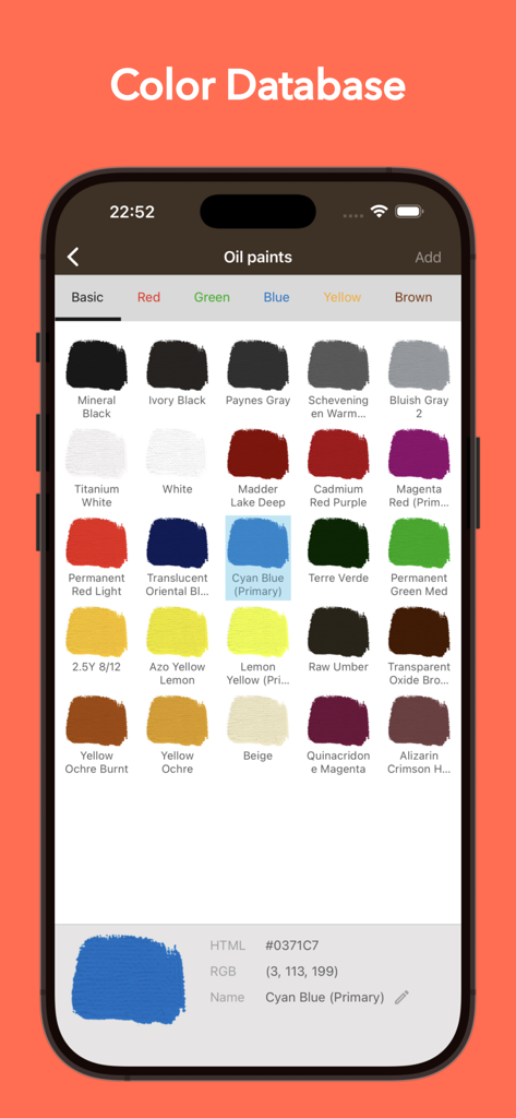 A digital library of oil paint swatches in the Real Color Mixer app showing various colors and their names.