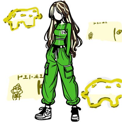 girl in baggy pants crop top and long hair