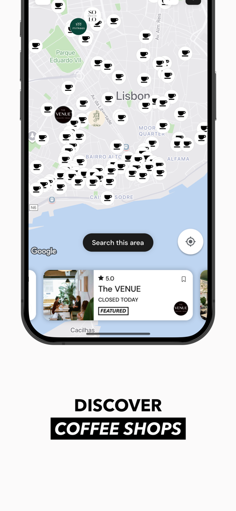 Roasters: Great Coffee Nearby - Map interface of the Roasters app showing specialty coffee shop locations and a featured cafe card.