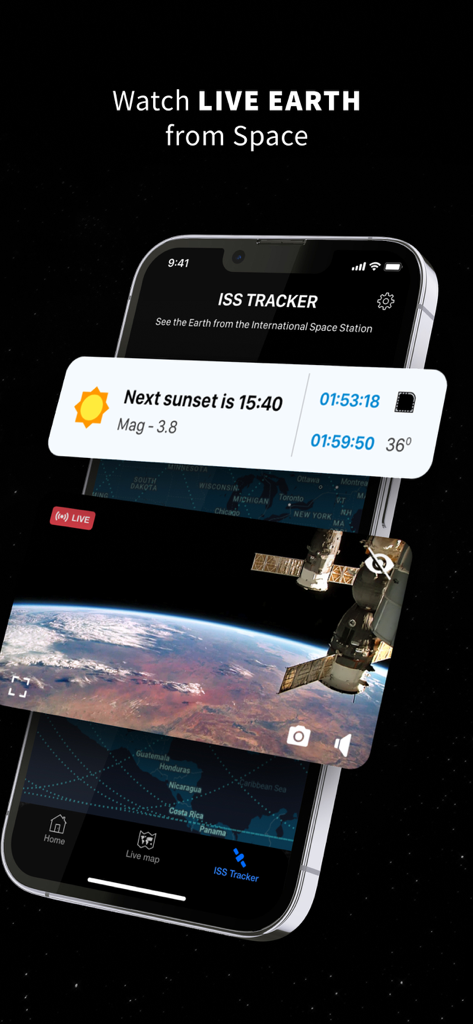 Staslink: Satellites Tracker - Interfaccia dell'app Staslink che mostra un feed live della Terra dallo spazio e una mappa di tracciamento ISS.