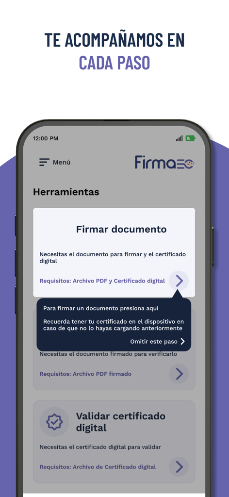 FirmaEC móvil - Interfaz de la aplicación FirmaEC movil mostrando la herramienta de firma de documentos e instrucciones para usar certificados digitales