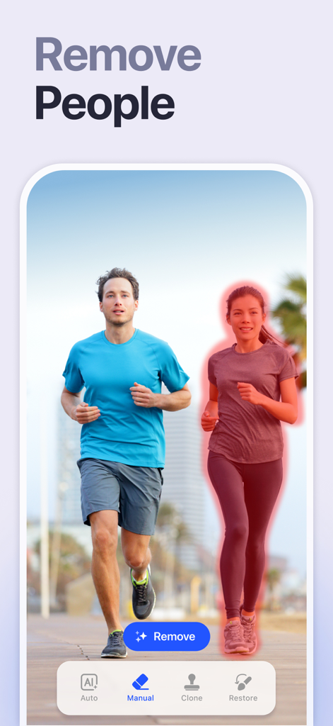 Retouch: AI Object Remover - A smartphone interface showing the Retouch app where a woman is highlighted in red to be removed from a photo of two joggers