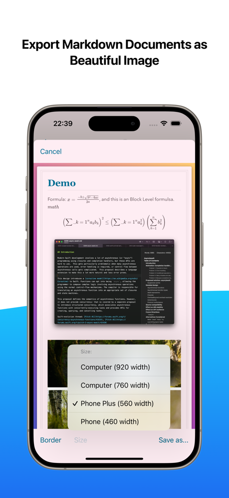 One Markdown - Interface for exporting a Markdown document containing math formulas and code as a styled image on an iPhone