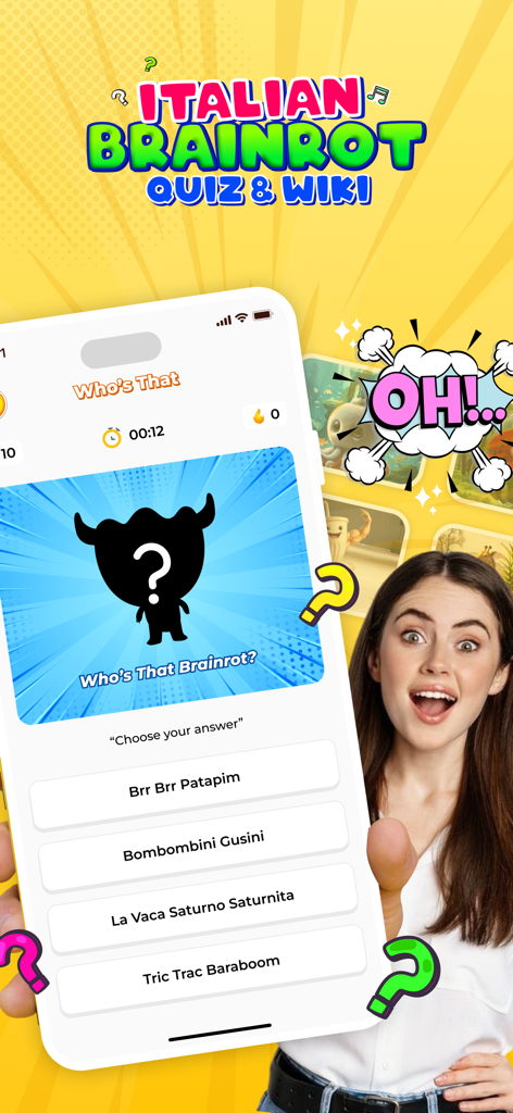 Italian Brainrot Wiki & Quiz - Italian Brainrot Quiz interface showing a meme character silhouette game.