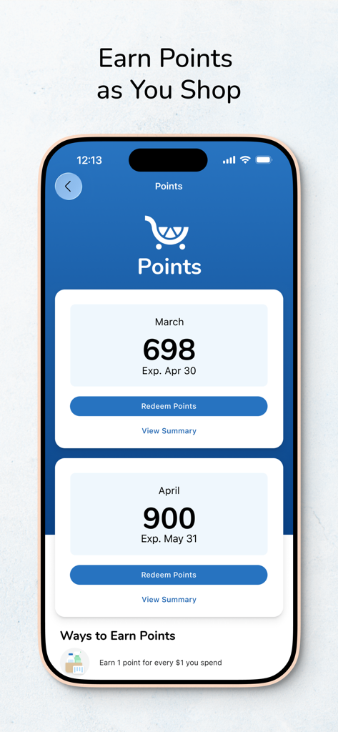Kroger app interface showing loyalty points summary for March and April with options to redeem.