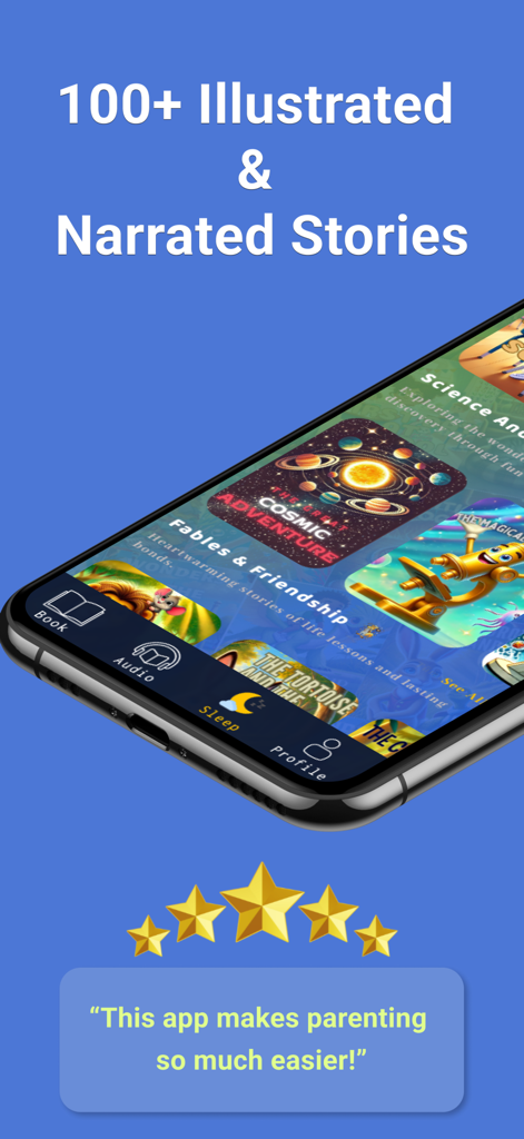 Bambu: Bedtime Stories & Books - An iPhone displaying the Bambu app interface with various illustrated children's story categories and a five-star user review