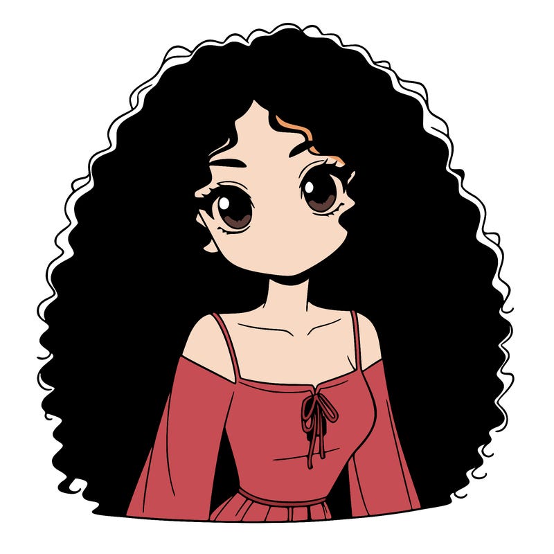 a black anime girl with long afro hair