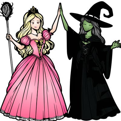 detailed realistic split of a princess and a witch