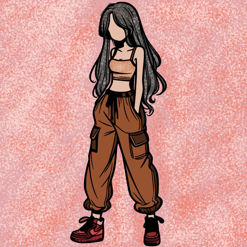 girl in baggy pants crop top and long hair
