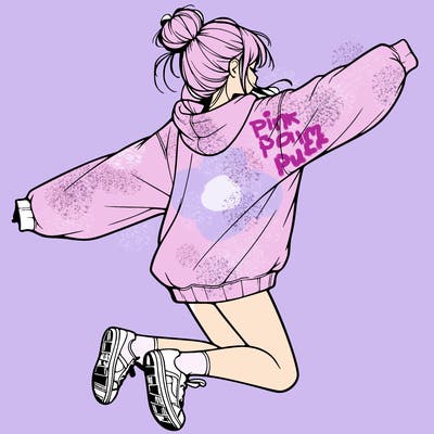 realistic girl jumping with a bun and oversized sweatshirt