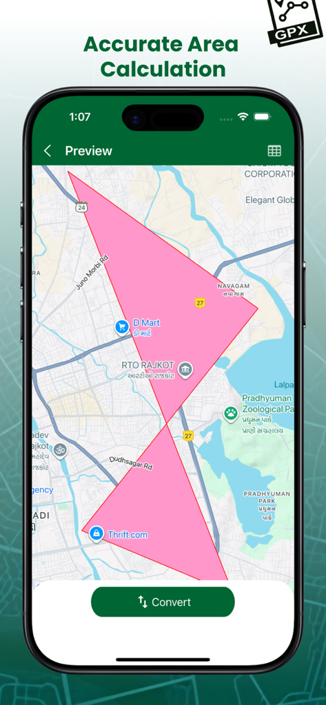 KML Viewer and Converter - Map view showing accurate area calculation using polygons in the KML Viewer app