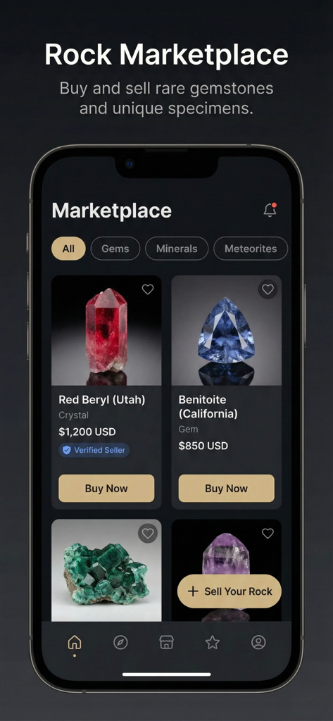 RockIn Rock & Mineral identify - Interfaz del Mercado de Rocas en la aplicación RockIn que presenta gemas raras a la venta.