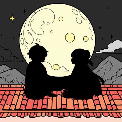 an anime girl sitting on a roof with her best friend looking at the beautiful big moon