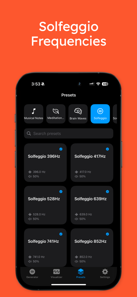 ToneWave Pro - ToneWave Pro app interface displaying a menu of Solfeggio frequencies presets for sound healing and meditation.