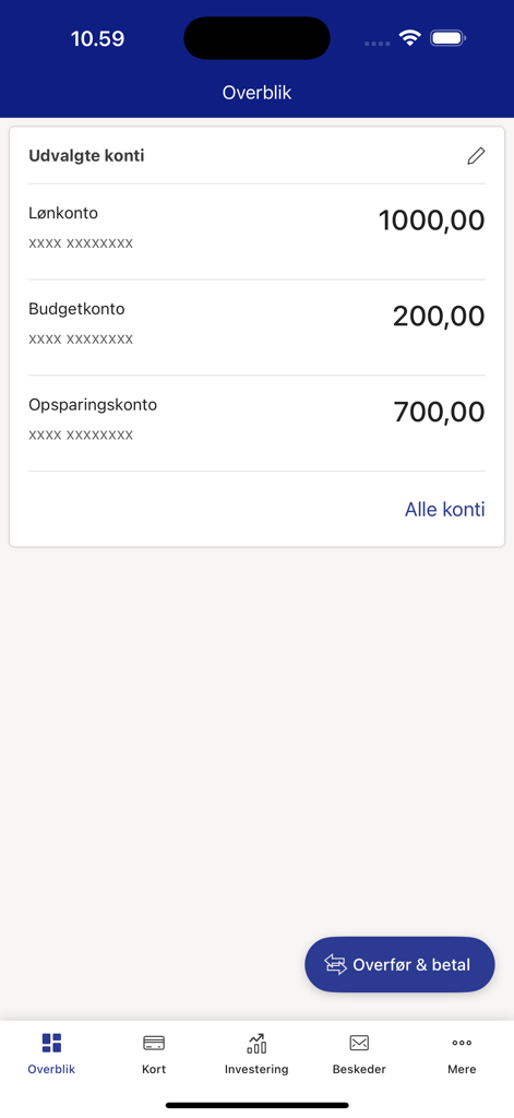 Overview screen of the MitNykredit banking app displaying account balances for salary budget and savings
