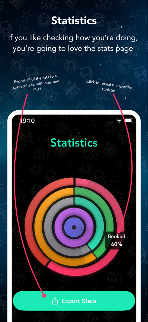 Audition Tracker - Audition Tracker app statistics screen featuring a multi-colored radial chart of audition data and an export button