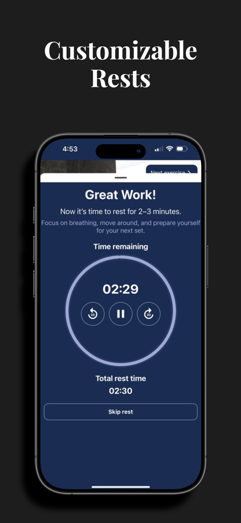 A countdown timer screen in the Hybrid Calisthenics app showing customizable rest periods between exercises