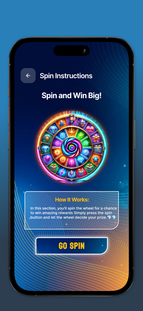 Diamonds For Mobile Legends - Una pantalla de ruleta de la suerte en la app Diamantes Para Mobile Legends con un botón Gira y consejos de recompensa.