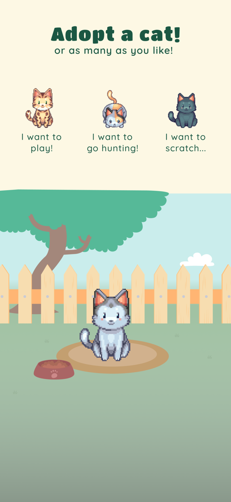 PrettyCat app screen showing pixel art cats for adoption in a garden