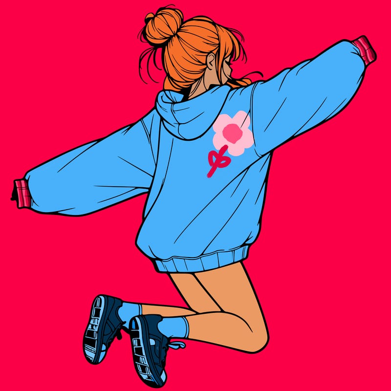 realistic girl jumping with a bun and oversized sweatshirt