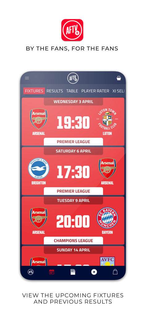 AFTV plus mobile app screen displaying upcoming Arsenal football club fixtures and match schedules