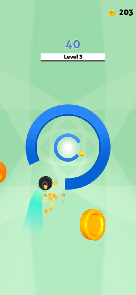 Rolly Vortex - Rolly Vortex mobile game gameplay showing a black ball navigating through blue circular obstacles in a green tunnel.