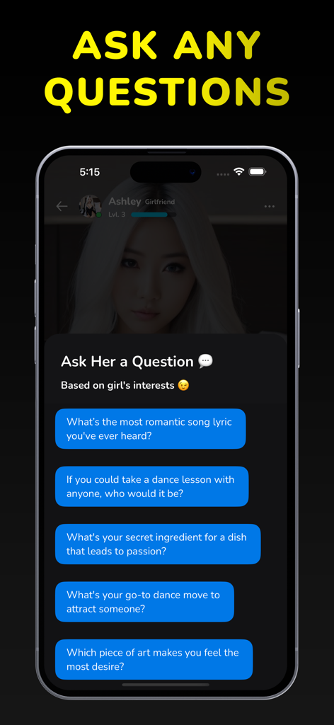 AI Girlfriend: Chat & Roleplay - AI Girlfriend app screen with suggested romantic questions to ask a virtual partner