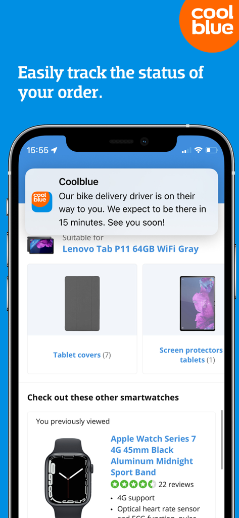 Coolblue app screenshot showing an order tracking notification and product recommendations for tablets and smartwatches.