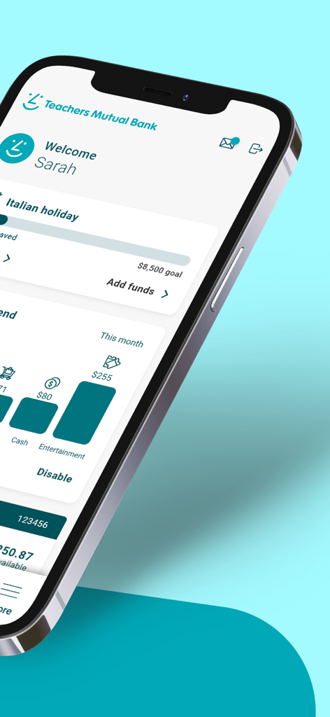 TMBank - TMBank mobile app dashboard showing a savings goal for an Italian holiday and a spending tracker