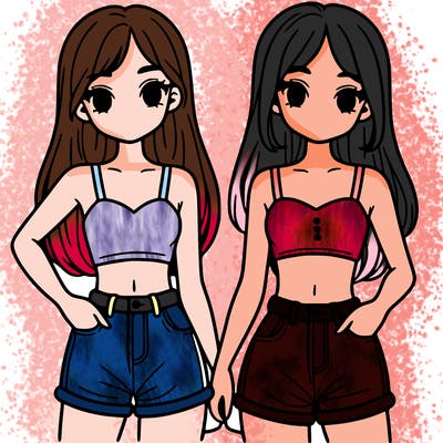 two sisters with crop tops and jean shorts and straight hair