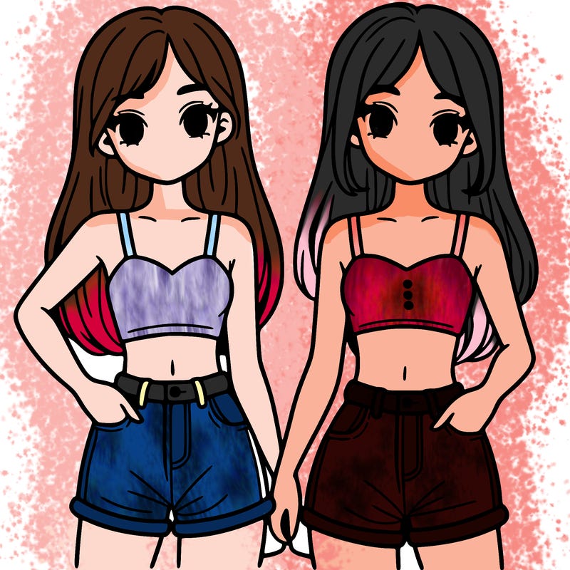 two sisters with crop tops and jean shorts and straight hair