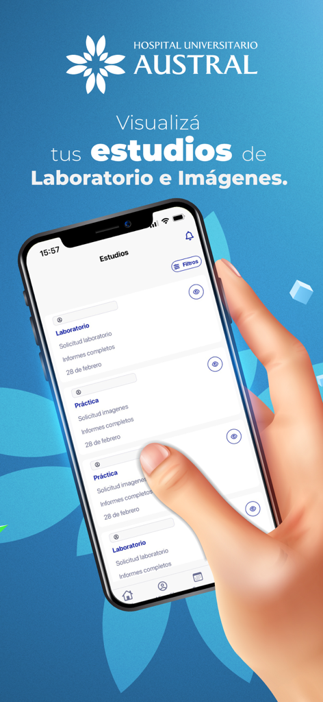 Portal Hospital Austral - Pantalla móvil de la app Portal Hospital Austral mostrando resultados de estudios de laboratorio e imágenes médicas.