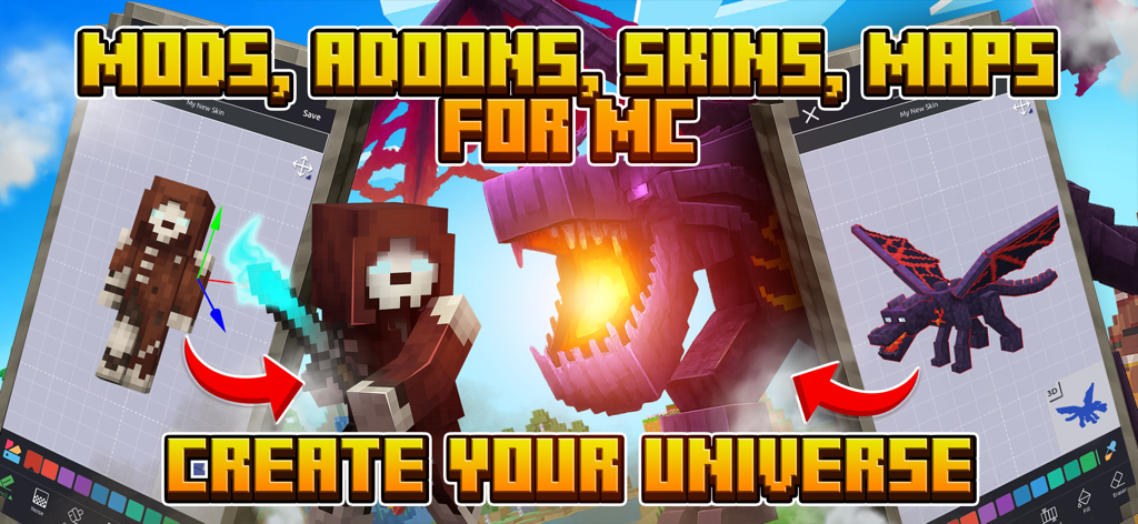 Crafty Craft for Minecraft PE - Crafty Craft app interface showing 3D skin and addon creator tools for Minecraft PE