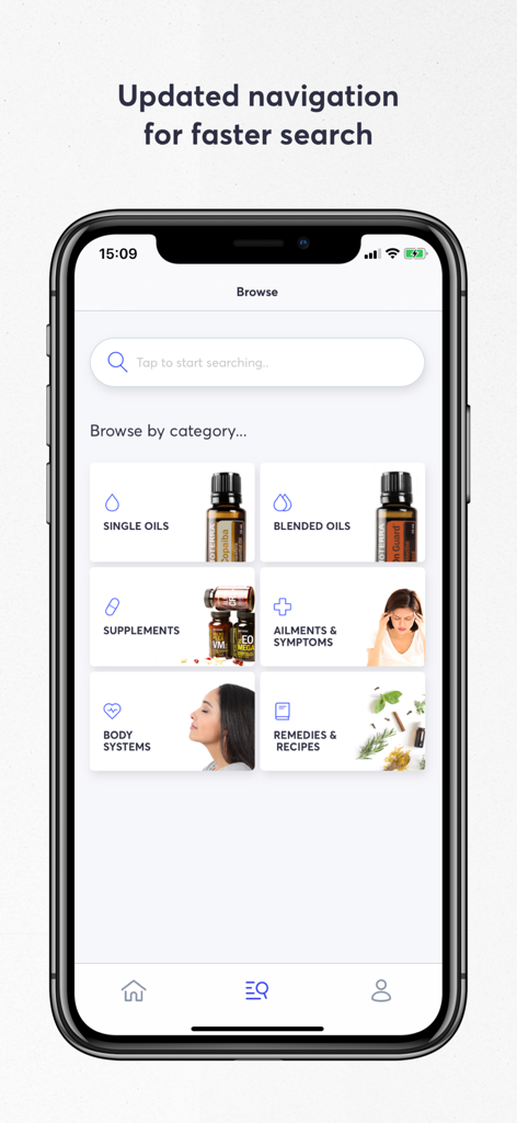 The Essential Life - Oil Guide - The Essential Life app interface showing categories for single oils, blended oils, supplements, and ailments