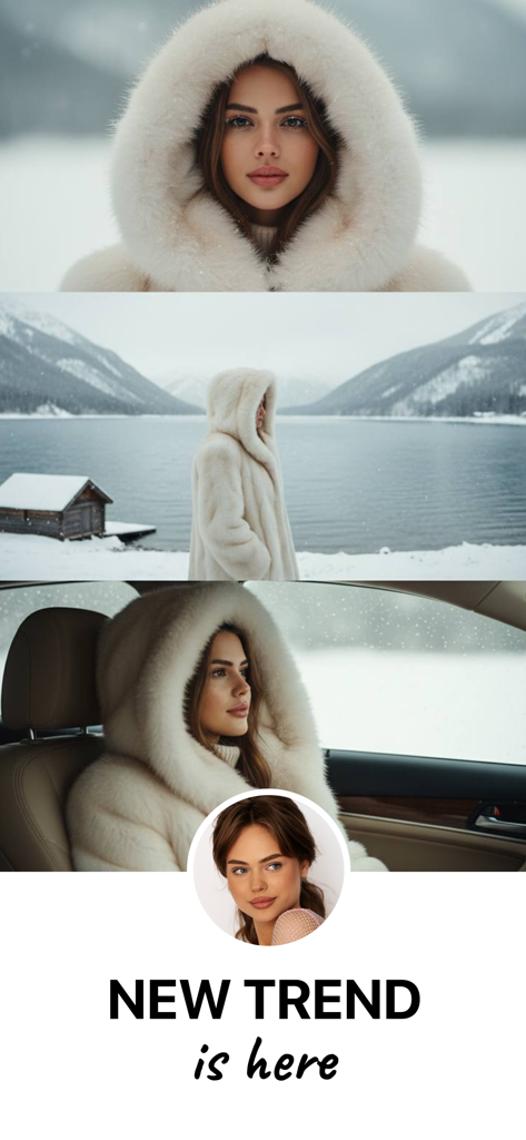 A series of AI generated images showing a woman wearing a white fur hood in various snowy settings