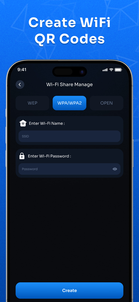 Interface showing fields to enter wifi name and password to create a QR code for network sharing