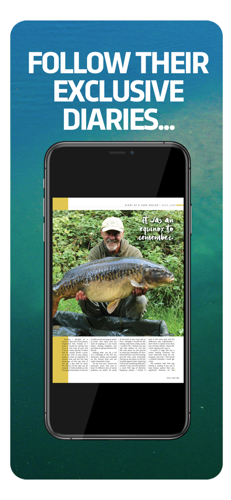 Total Carp - A smartphone displaying an exclusive angler diary article from the Total Carp digital magazine app
