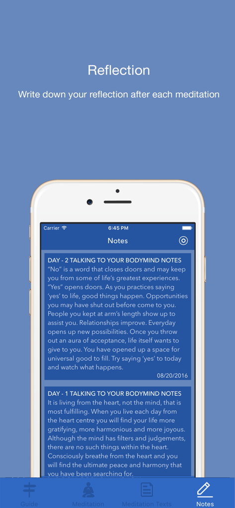 Osho Talking To Your BodyMind - A smartphone screen displaying the daily meditation reflection notes and journaling feature in the Osho Talking To Your BodyMind app.