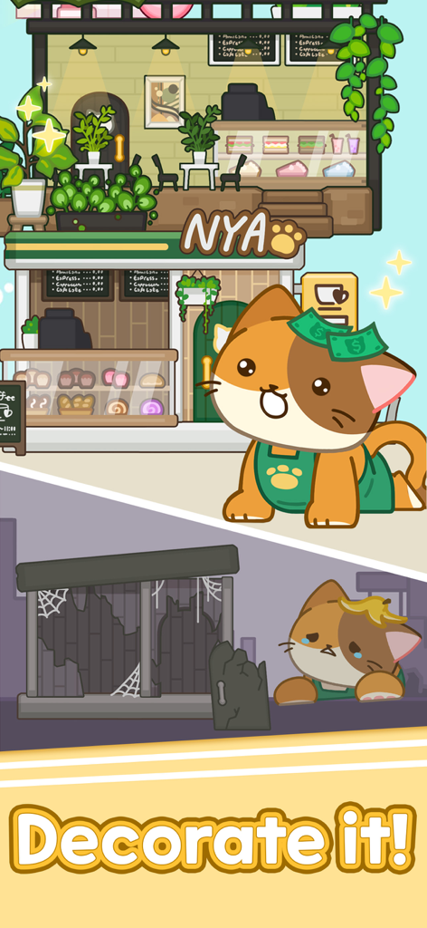 Merge Cat Cafe : Coffee cat - A comparison showing a ruined room being renovated into a bright and cheerful cat cafe with a happy cat manager.