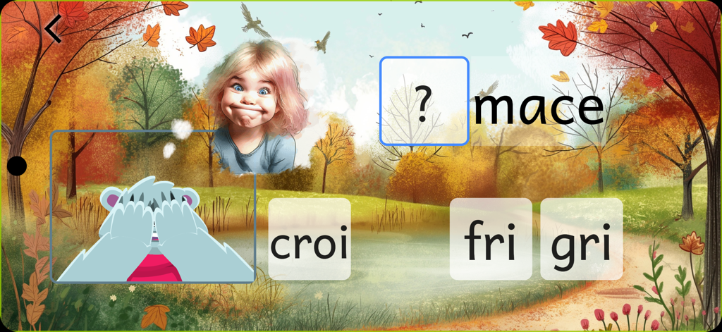 Interface de jeu éducatif pour enfants apprenant à lire des syllabes françaises.