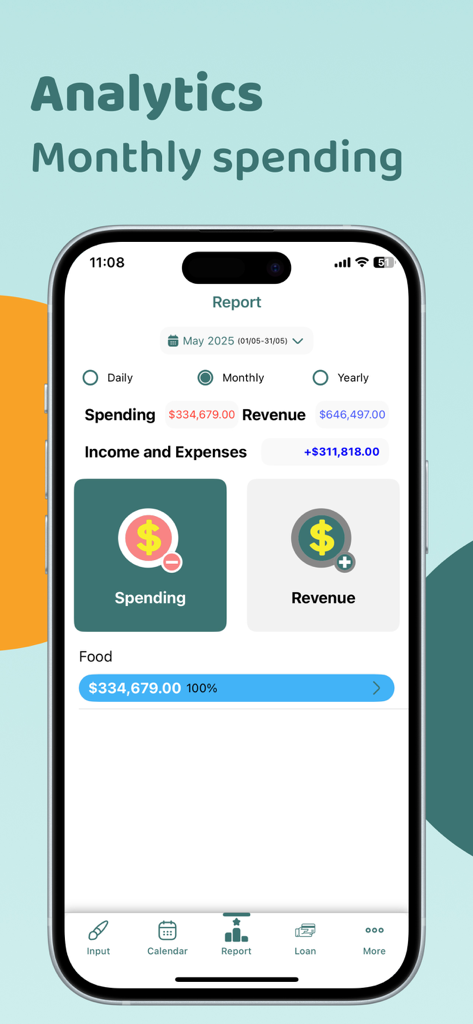 Ein Monatsberichtsbildschirm, der Ausgaben und Einnahmen in der Simpler Budget App anzeigt