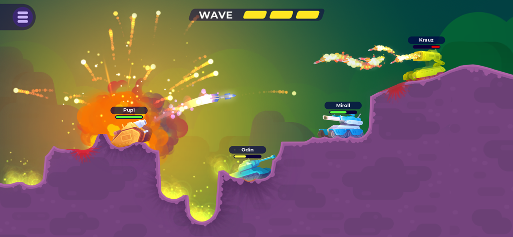 Tank Stars - 紫色の地形の上でロケットと爆発で戦うカラフルな2D戦車