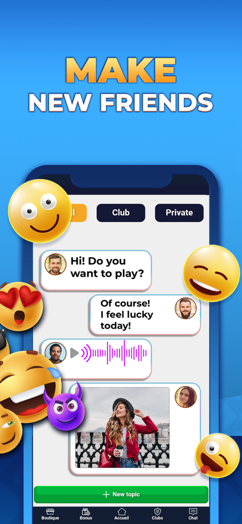 VIP Games: Card & Board Online - Interfaz de la aplicación VIP Games mostrando la función de chat social con mensajes de usuario y emojis