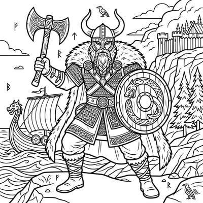 Unleash your creativity with this striking Viking Warrior coloring page, ready for battle with axe and shield. Dive into the intricate details of Norse history and bring this powerful figure to life with your favorite colors.