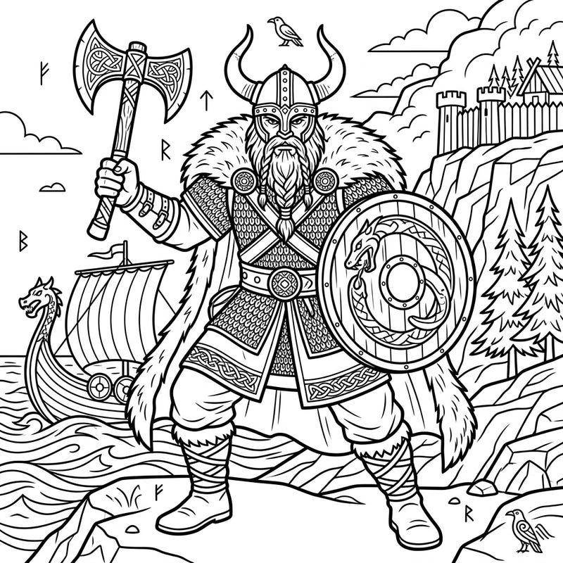 Unleash your creativity with this striking Viking Warrior coloring page, ready for battle with axe and shield. Dive into the intricate details of Norse history and bring this powerful figure to life with your favorite colors.